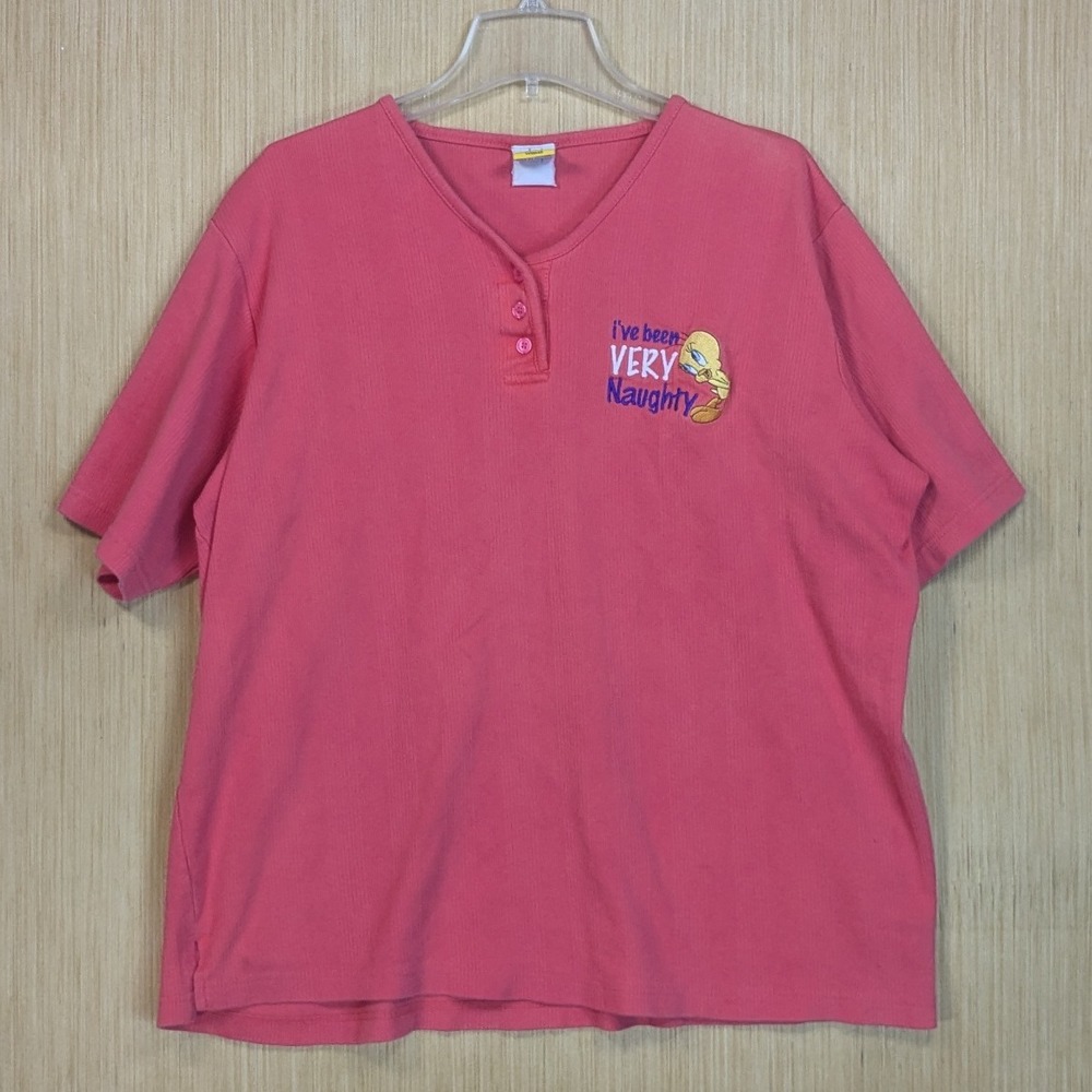 Vintage Looney Tunes Tweety Bird Trouble Pink Henley Ribbed Tee Shirt Womens XXL